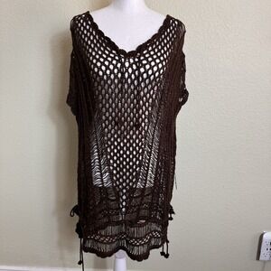 Sweet Size Large Women's Top Vest Coverup Brown Crochet